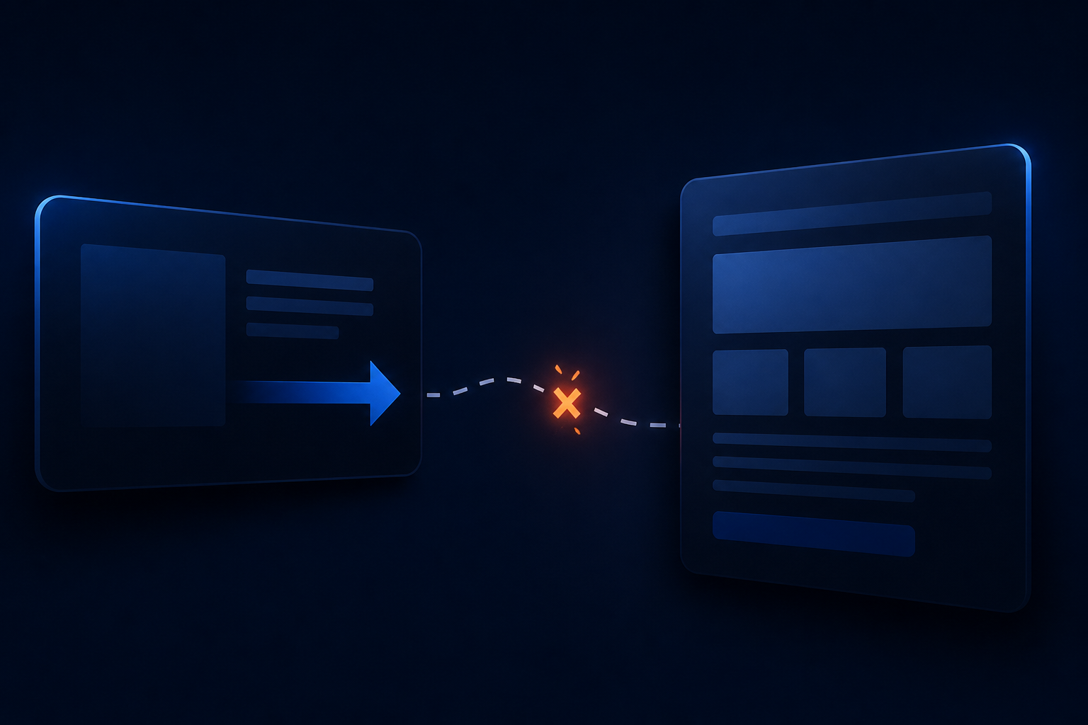 Diagram of ad-to-page mismatch: an ad panel with an arrow pointing toward a landing page, the attention path breaking at a highlighted point between them.