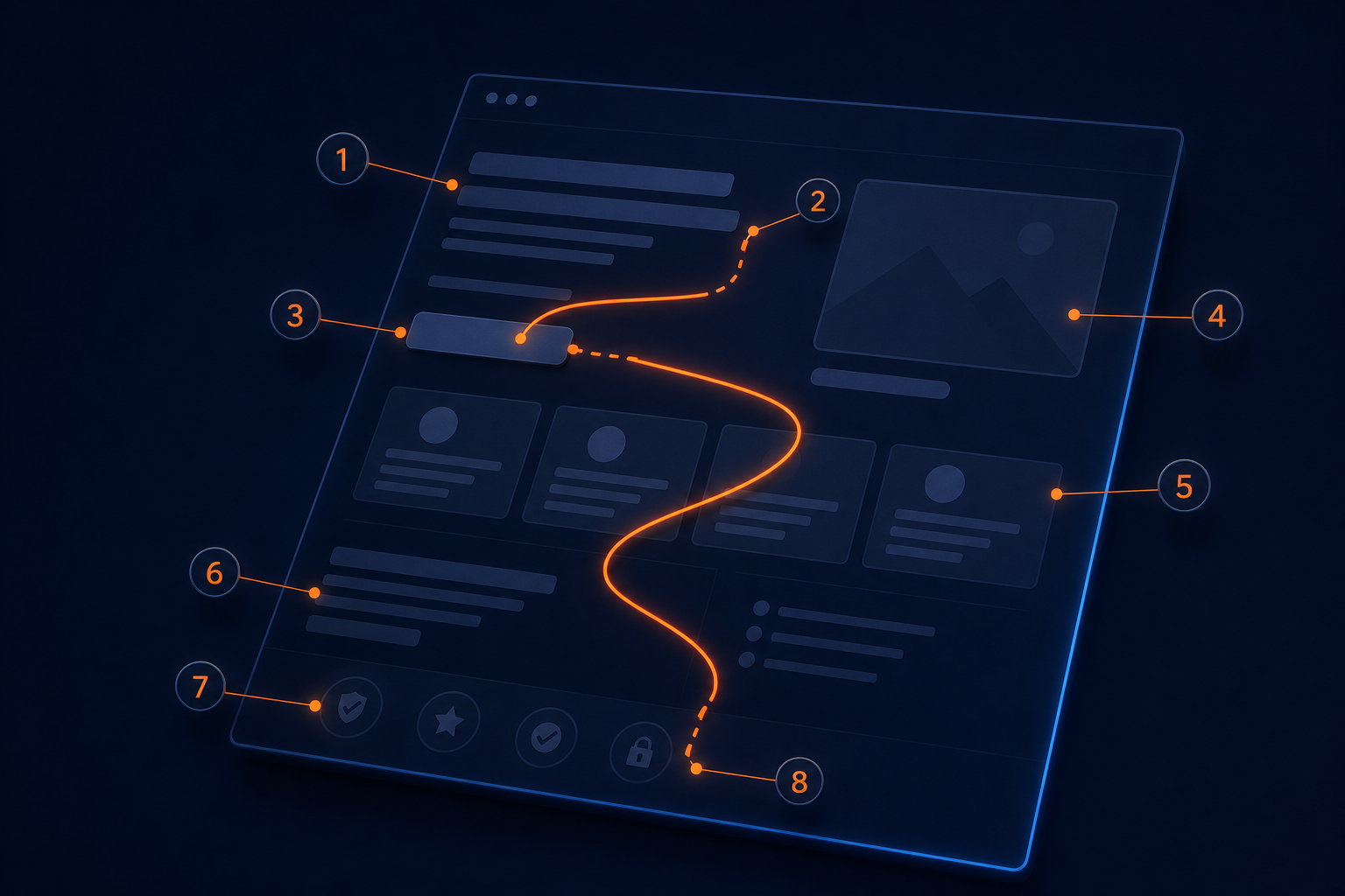 Diagram of a landing page audit: a dark wireframe with eight numbered markers pointing at weak spots, an orange attention path breaking at two of them.