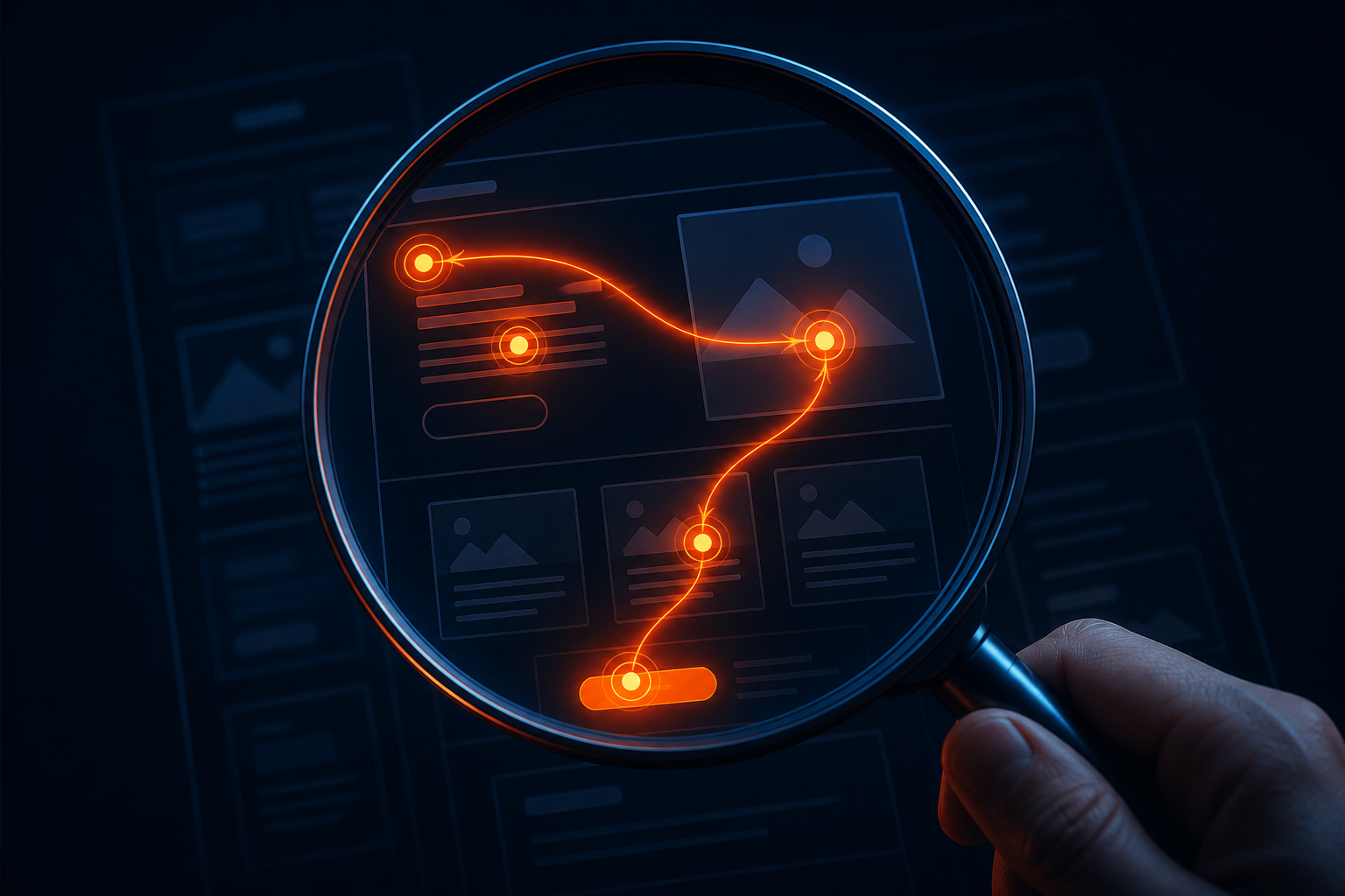 Diagram of a CRO audit: a dark landing-page wireframe under a magnifying lens, an orange attention path with scoring markers highlighting the headline, hero image, and call to action.
